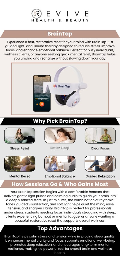 At ABC Health and Beauty, our team offers BrainTap therapy, a cutting-edge approach to relaxation and mental clarity. This guided meditation and brainwave training system helps reduce stress, improve focus, and promote mental wellness. Our team is dedicated to helping you achieve balance and relaxation in a peaceful setting. For more information, contact us or schedule an appointment online. We are conveniently located at 11500 State Hwy 121, Los Altos, CA 123456.