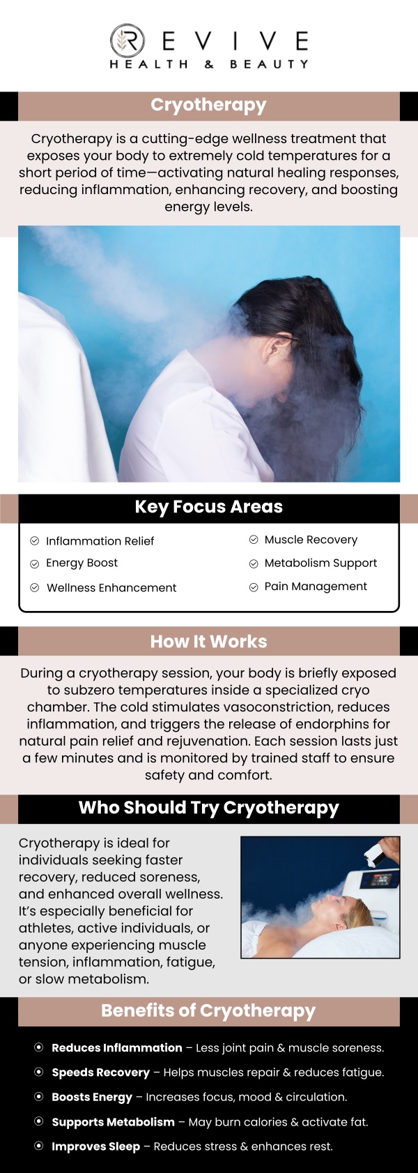 Common questions asked by clients: What is cryotherapy? What conditions can cryotherapy help with? Does cryotherapy help with pain relief? How long does a cryotherapy session last? For more information, contact us or schedule an appointment online. We are conveniently located at 11500 State Hwy 121, Los Altos, CA 123456.