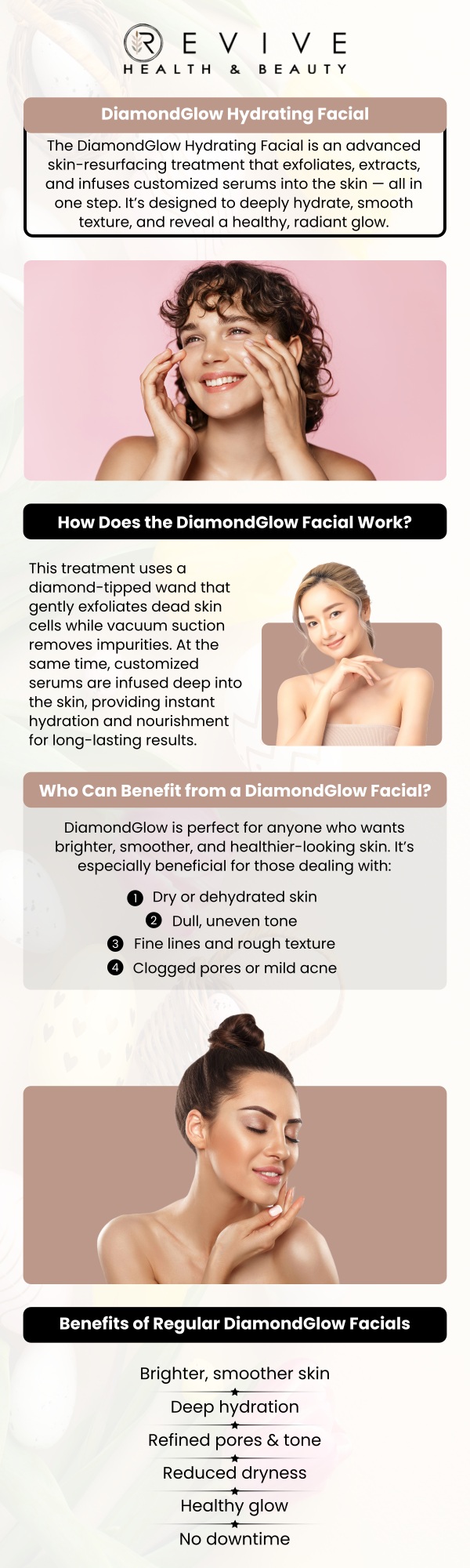 At ABC Health and Beauty, our team specializes in DiamondGlow hydrating facials to provide deep hydration and a radiant glow. Using advanced technology, we customize each facial to target your skin's unique needs, delivering smooth, refreshed, and glowing skin. Trust our expert team to help you achieve your best complexion with this luxurious, non-invasive treatment. For more information, contact us or request an appointment online. We are conveniently located at 123 ABC Ave Suite A, Los Altos, CA 123456.