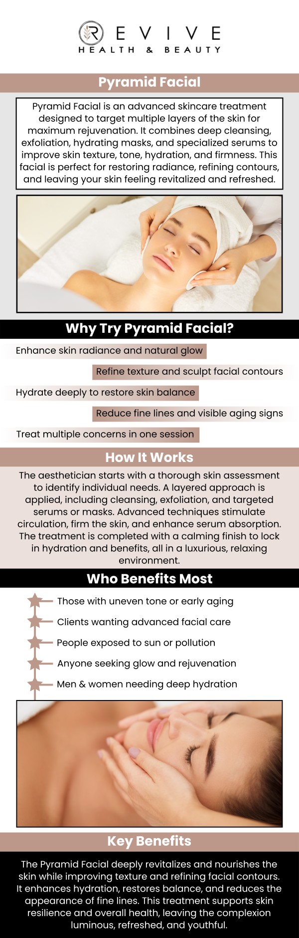 Common questions asked by clients: What is a Pyramid Facial? How does a Pyramid Facial improve skin appearance? Who is a good candidate for a Pyramid Facial? How long does a Pyramid Facial treatment take? For more information, contact us or schedule an appointment online. We are conveniently located at 11500 State Hwy 121, Los Altos, CA 123456.