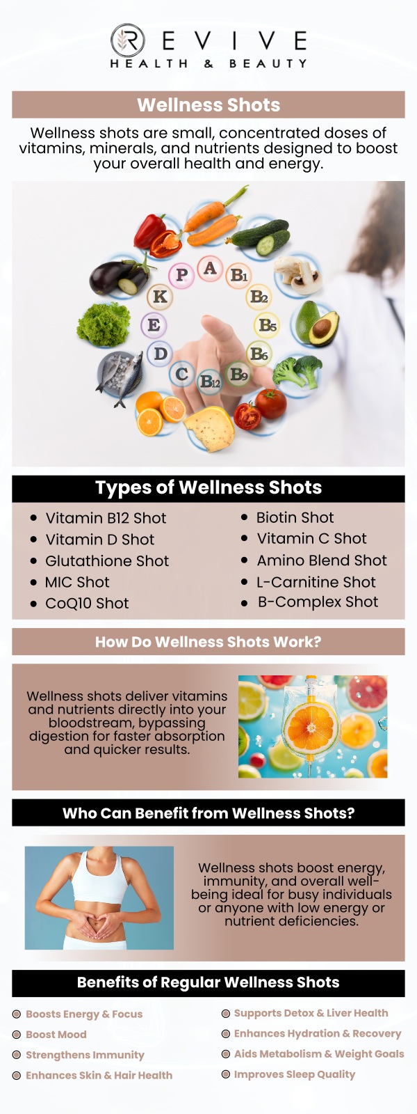 Common questions asked by clients: What are wellness shots? What types of wellness shots are available? How often should I get wellness shots? Who is a good candidate for wellness shots? For more information, contact us or schedule an appointment online. We are conveniently located at 123 ABC Ave Suite A, Frisco, CA 123456.